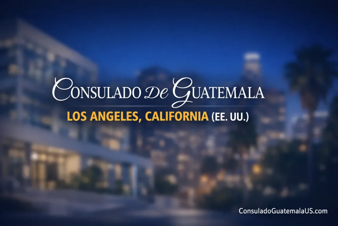Consulado de Guatemala en Los Angeles, California, visible en un cartel con vista nocturna de la ciudad en segundo plano.