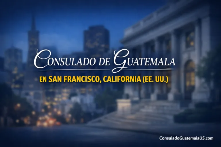 Consulado de Guatemala en San Francisco, California, con un edificio que muestra la fachada y el cartel del consulado.