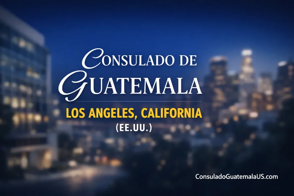 Guatemalan Consulate in Los Angeles California USA guide banner with modern institutional design and city background